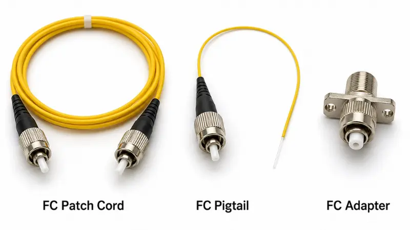 Photorealistic comparison of an FC patch cord, FC pigtail, and FC adapter Photorealistic comparison of an FC patch cord, FC pigtail, and FC adapter