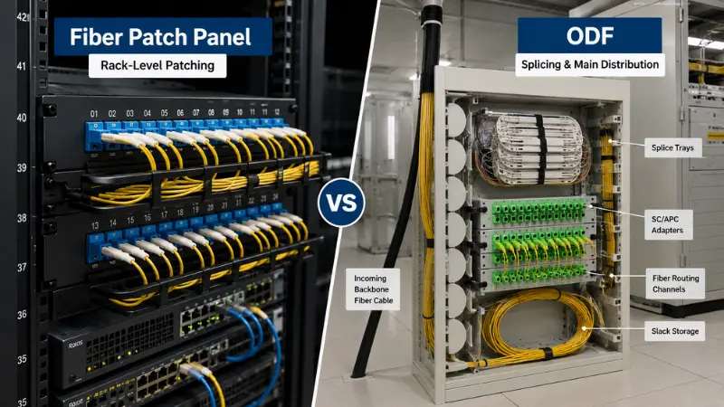 Fiber patch panel vs ODF comparison showing rack-level patching on one side and optical distribution frame splicing and main fiber distribution on the other side.