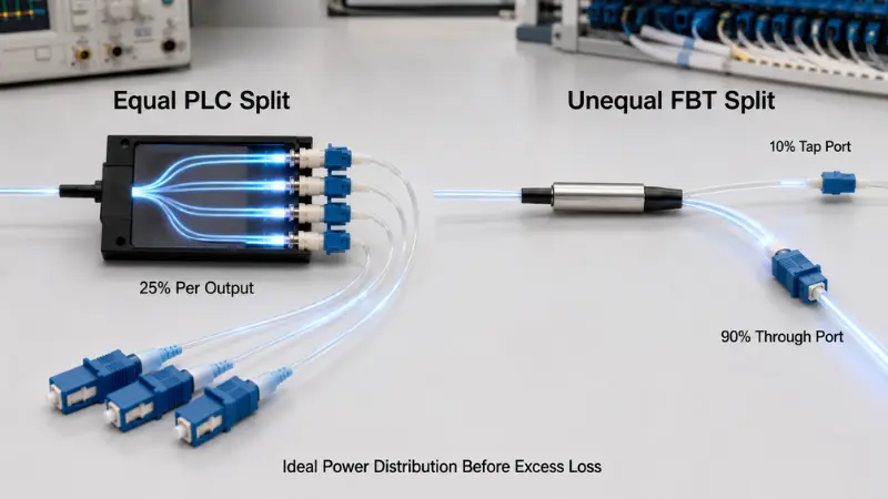 Equal PLC splitter output compared with a 10 90 unequal FBT optical splitter Equal PLC splitter output compared with a 10 90 unequal FBT optical splitter